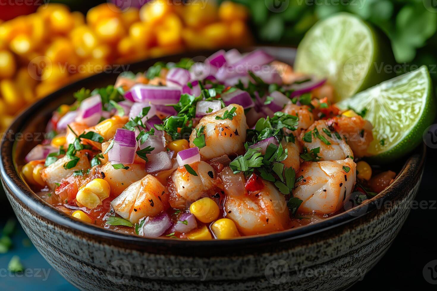 a traditional Peruvian ceviche served in a ceramic bowl, featuring fresh fish, red onions, lime juice, and chili peppers, accompanied by corn photo
