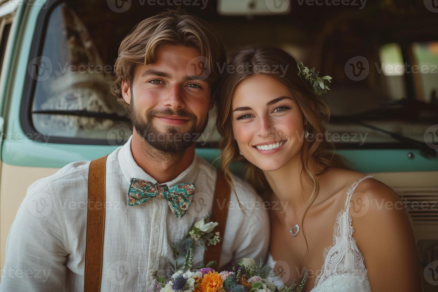 a groom in a linen suit and suspenders standing with a bride holding hands, with a vintage camper van in the background, decorated with boho style details, bright natural light photo