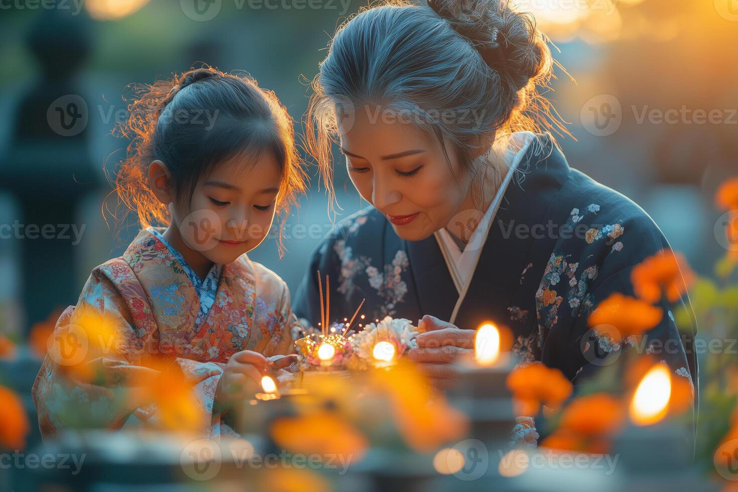 a family in traditional Japanese attire visiting a cemetery during Obon, lighting incense and placing flowers on a gravestone, gentle morning sunlight creating a tranquil mood photo