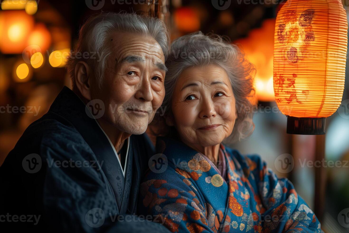 an elderly couple sitting together at an Obon celebration, surrounded by glowing lanterns and vibrant festival decorations, soft ambient lighting creating a nostalgic mood photo