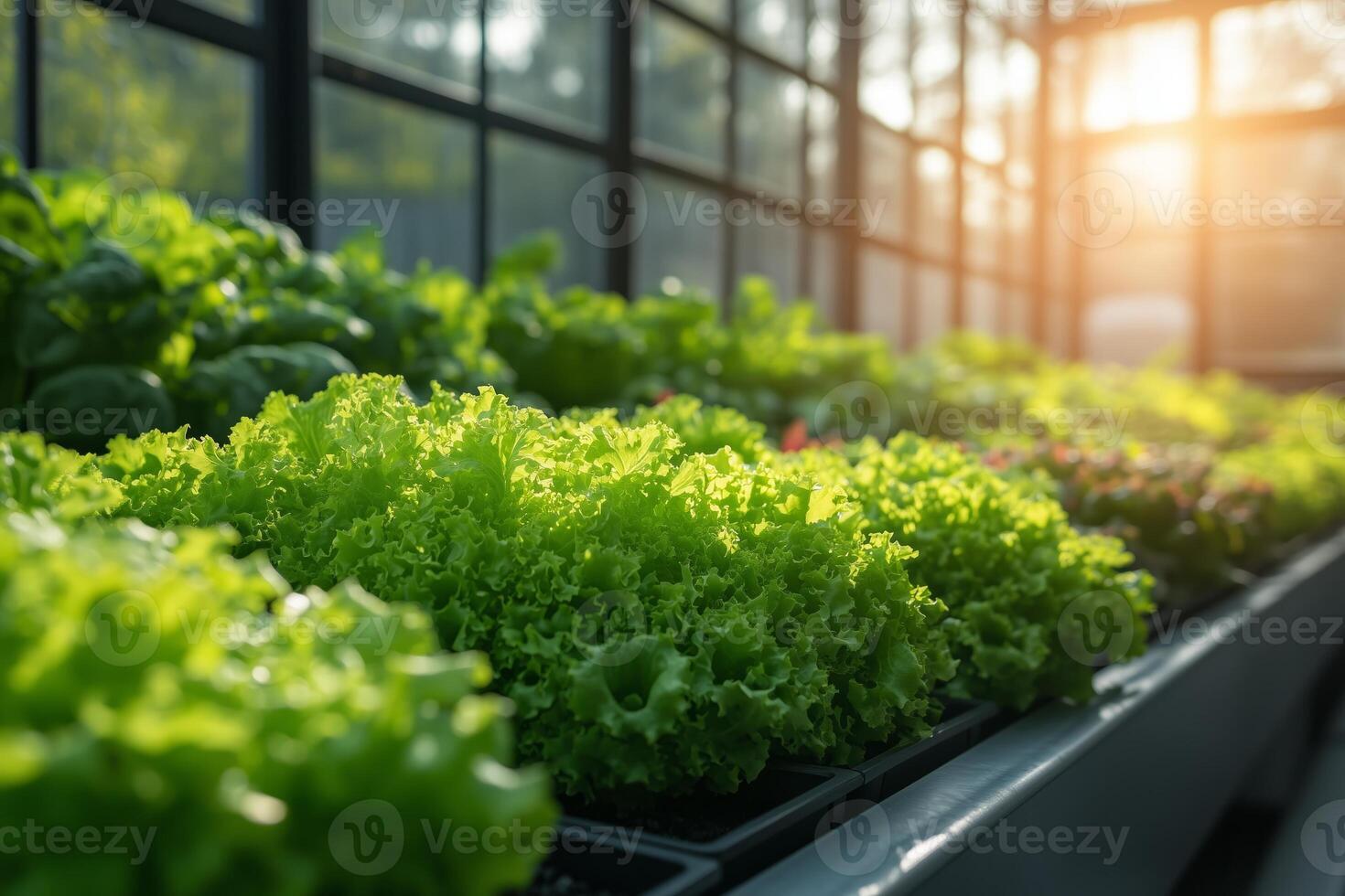 a modern hydroponic greenhouse with rows of lush green lettuce growing in nutrient rich water systems, bright natural sunlight streaming through the glass walls photo