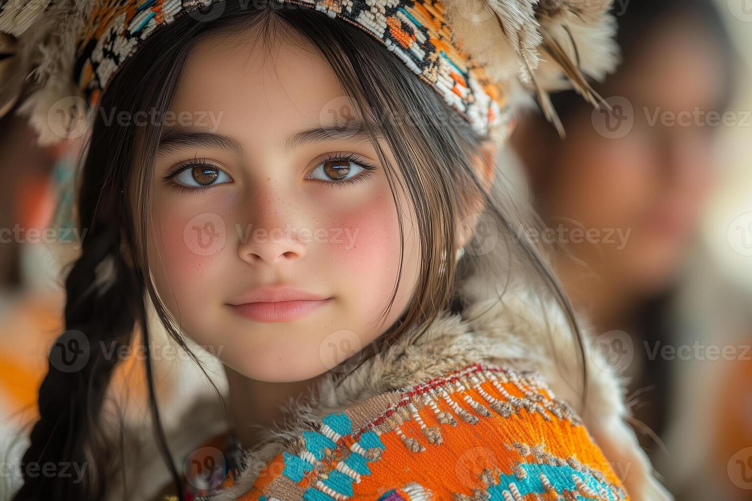 a young girl participating in a coming of age ceremony, wearing traditional clothing, surrounded by family and elders, soft natural light enhancing the moment photo