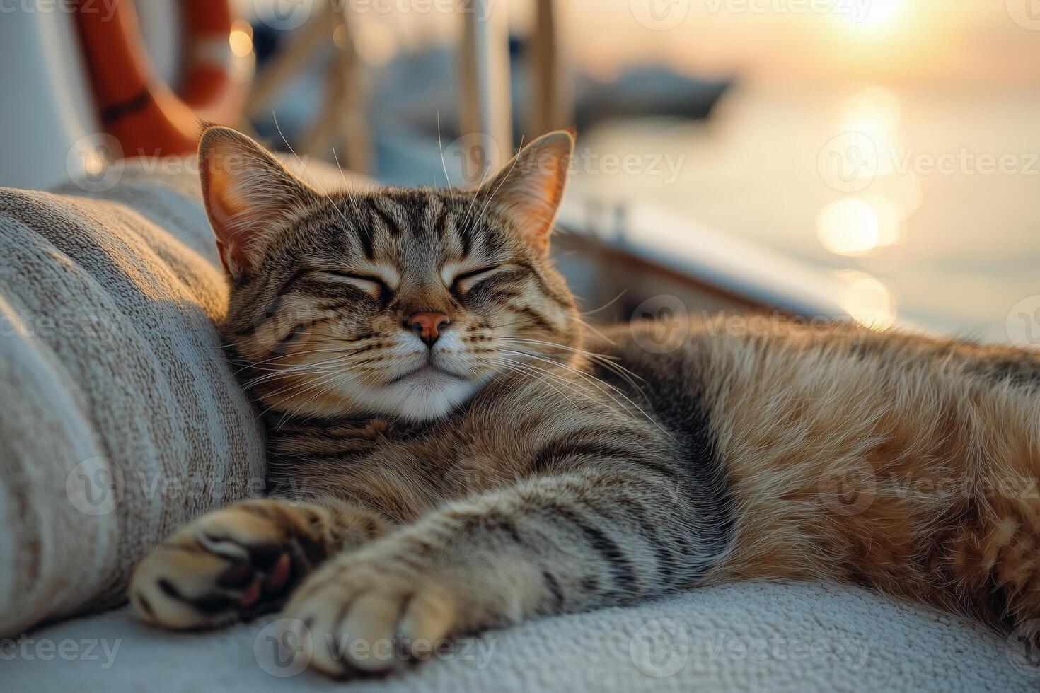 A domestic cat stretches on a soft seat, gazing at the serene ocean photo