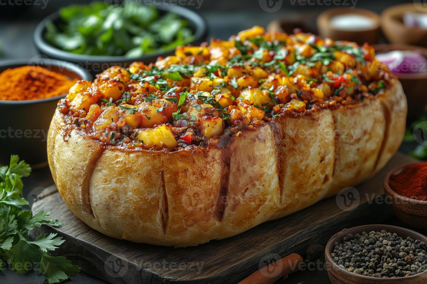 South African bunny chow, a hollowed-out bread loaf filled with flavorful curry, surrounded by vibrant spices and herbs, placed on a rustic board photo