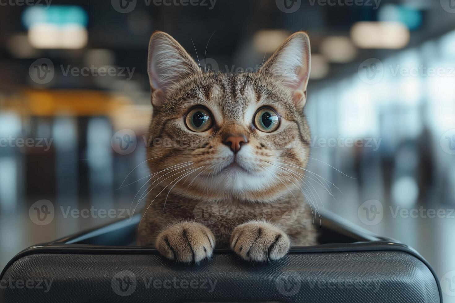 A cute domestic cat curiously peers from a suitcase, resting inside an airport bag photo