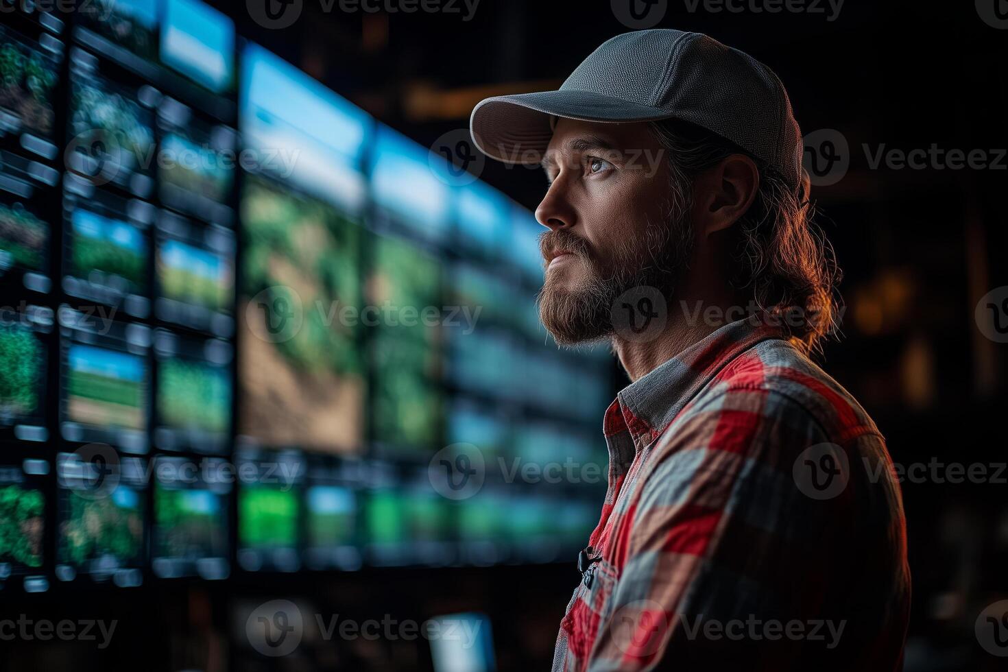 a high tech control center on a farm, showing a farmer monitoring live drone footage on a large screen, sleek indoor setup with data overlays, bright studio lighting photo