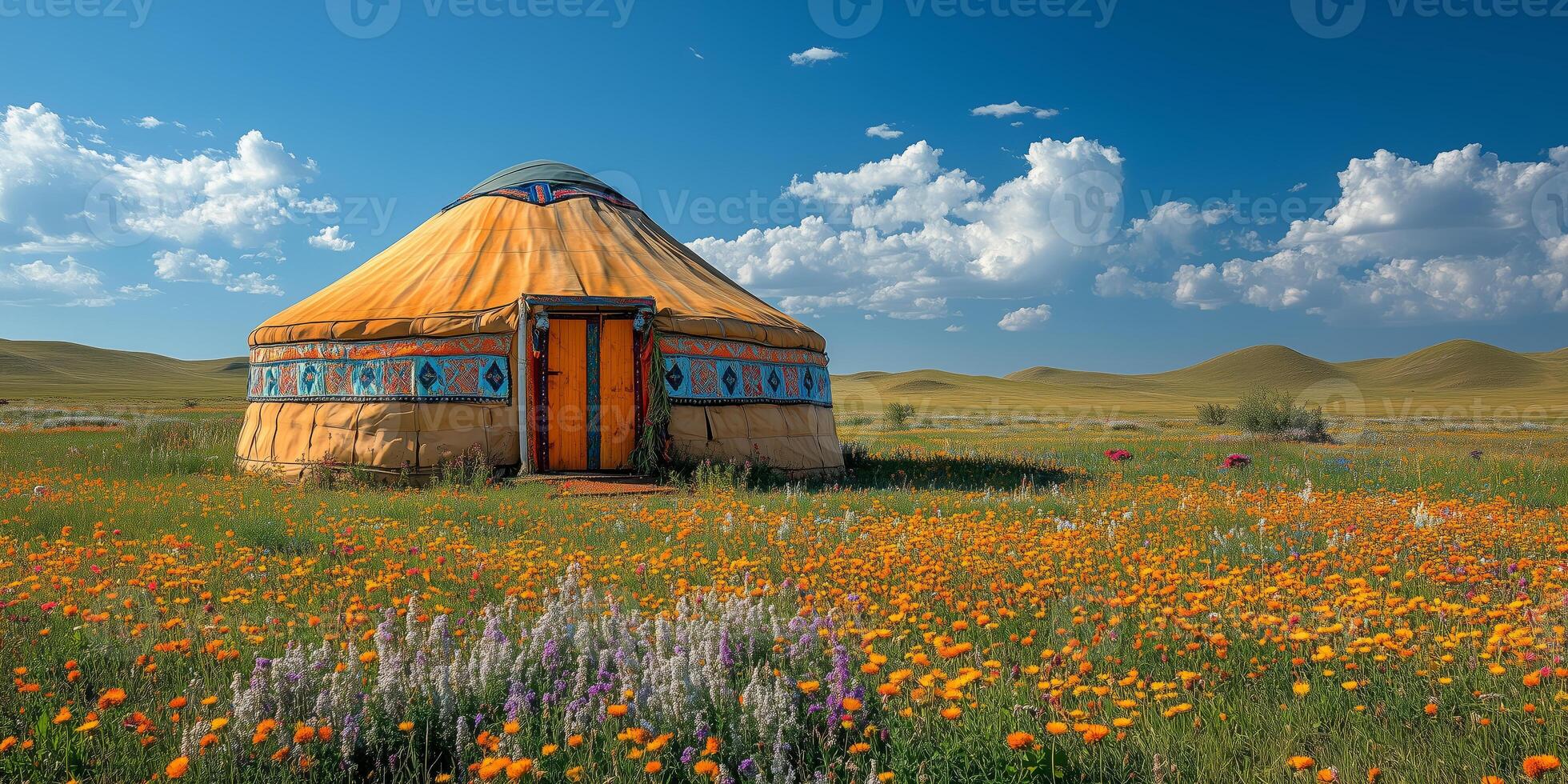 a traditional Yakut yurt set up for Ysyakh, surrounded by flowers and cultural ornaments, with a clear summer sky photo