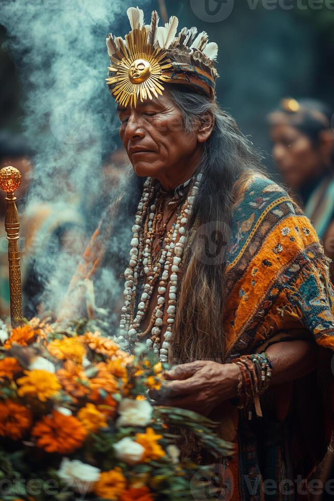 a ceremonial priest during Inti Raymi, holding a sun-shaped golden scepter, standing on an altar with elaborate decorations photo