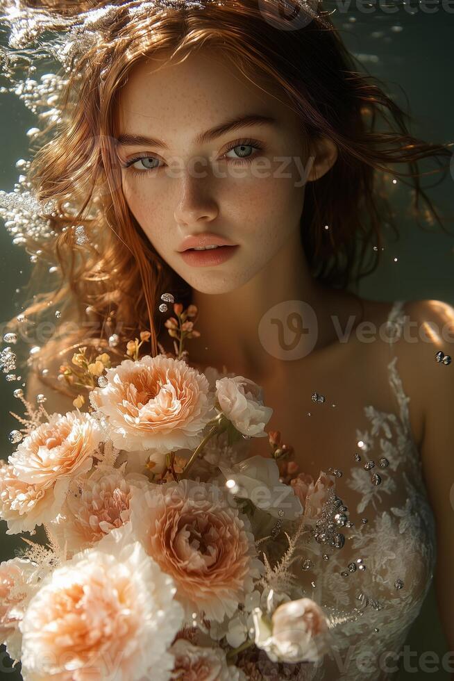 a bride holding a bouquet of waterproof artificial flowers, gently floating in an underwater scene with soft, ethereal lighting photo