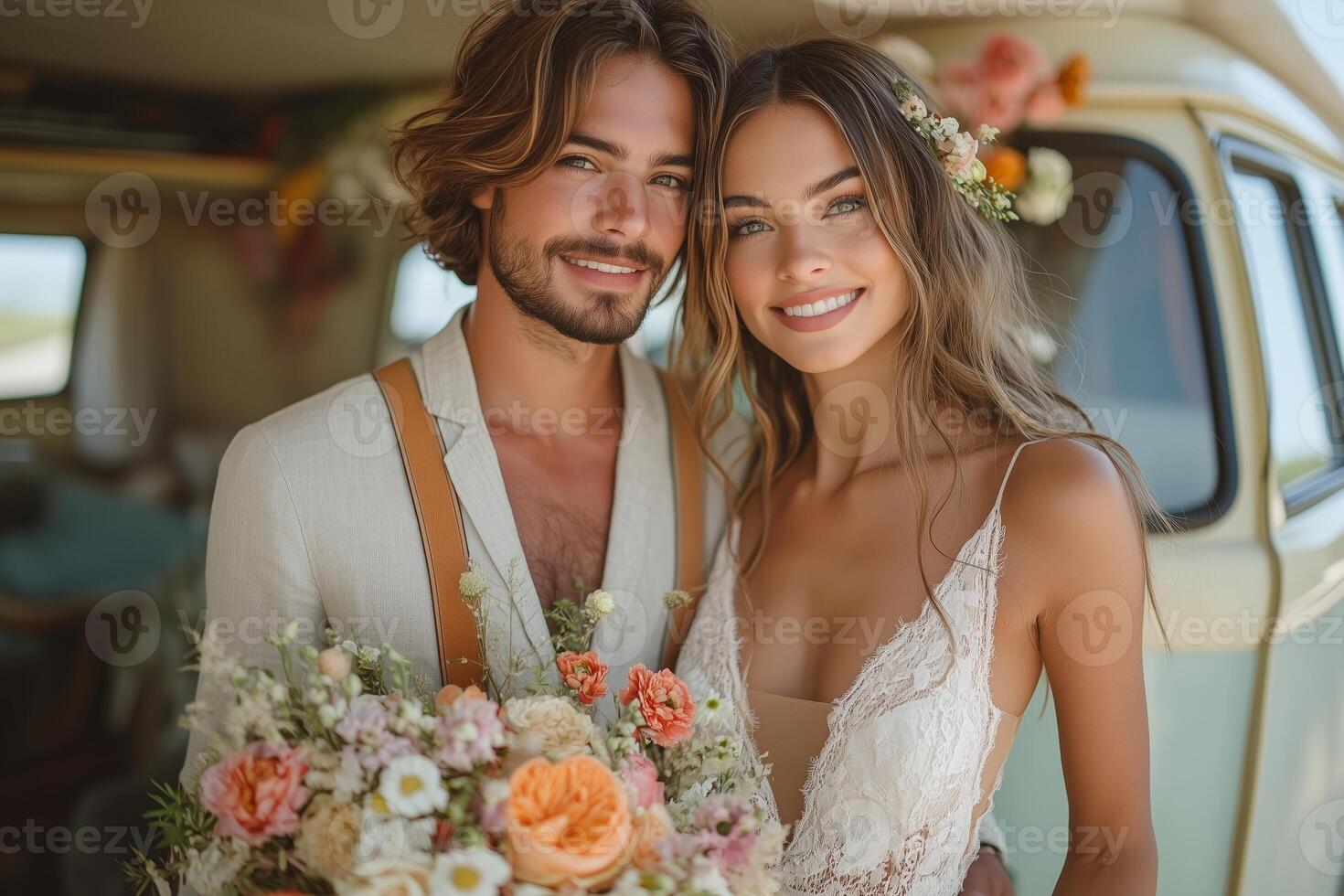a groom in a linen suit and suspenders standing with a bride holding hands, with a vintage camper van in the background photo