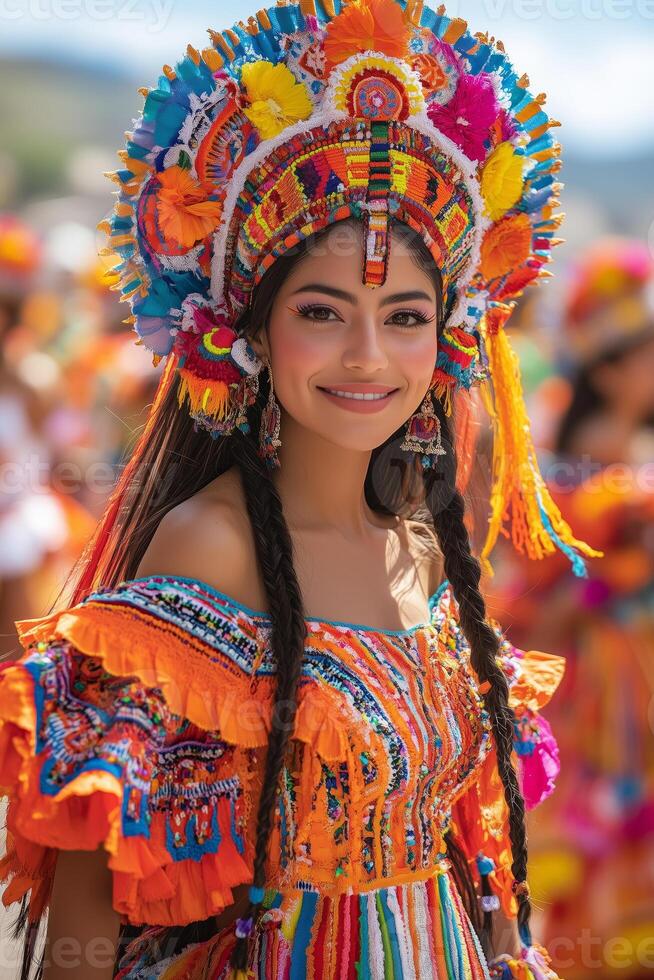 a group of performers in traditional Inca attire, dancing in formation in a large open square, bright and intricate costumes against a clear blue sky, natural light enhancing the vivid colors photo