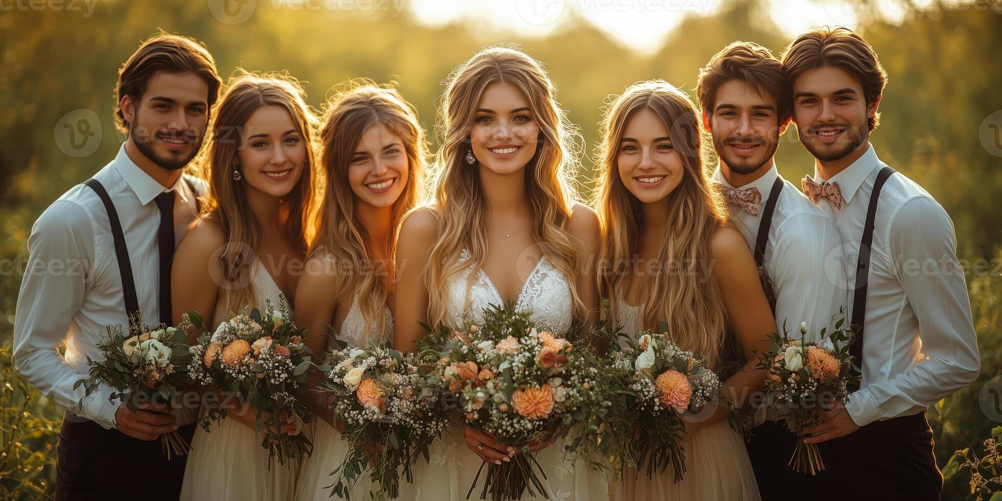 a wedding party posing in an open field, the bride and bridesmaids holding bouquets, groomsmen in suspenders photo