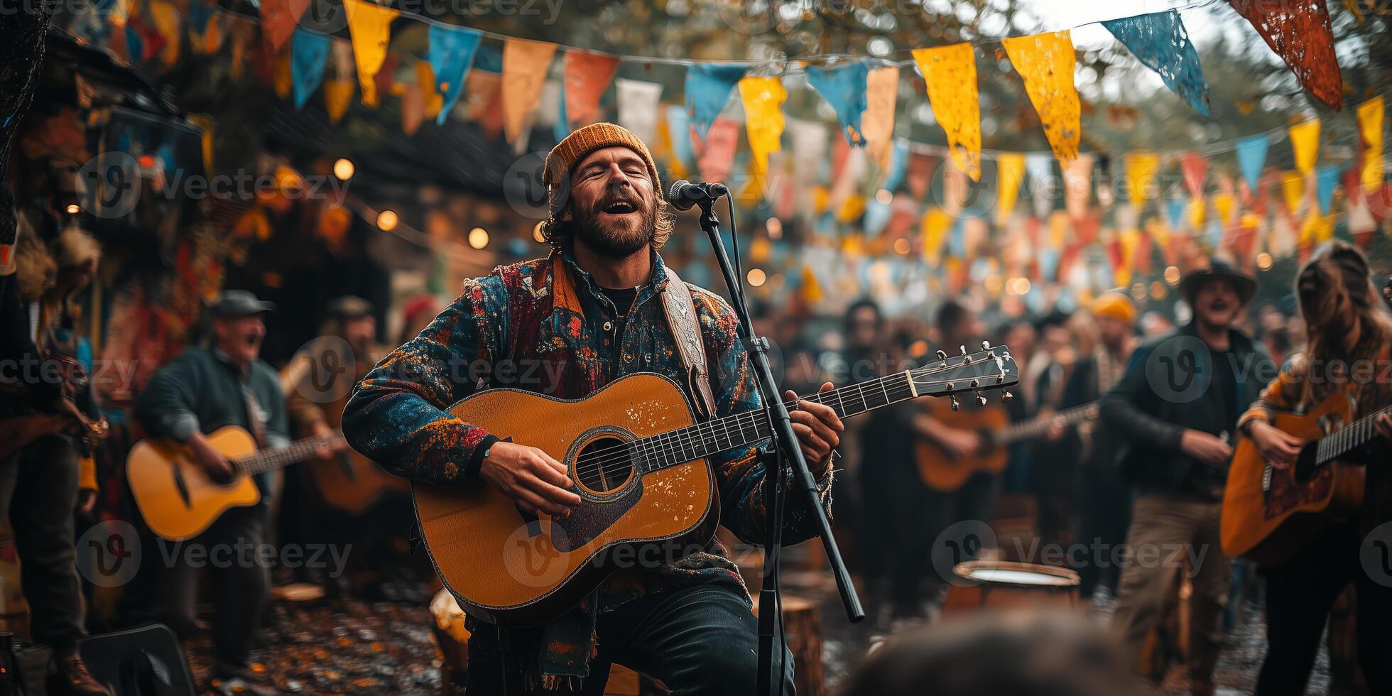 a traditional Cornish band playing folk music during the Golowan Festival, a backdrop of a festive crowd photo