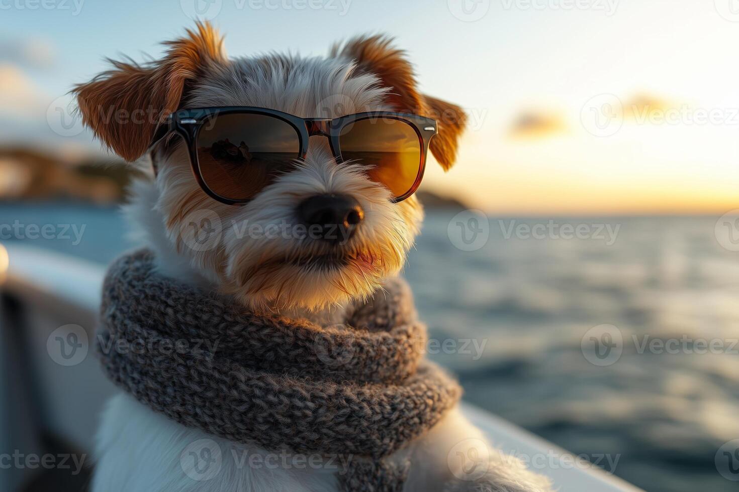 a small dog wearing sunglasses and a scarf, sitting confidently at the edge of the yacht, calm ocean waves and clear skies behind photo