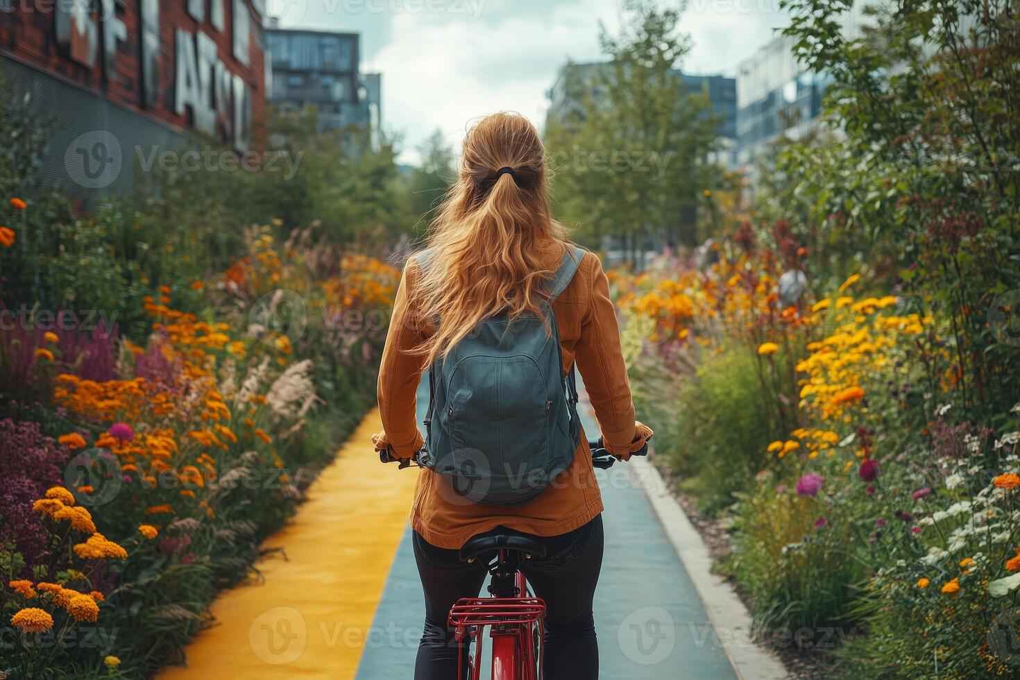 a young woman riding a bicycle on a colorful, newly designed bike path in a bustling city center, surrounded by greenery and contemporary architecture, sunny day photo