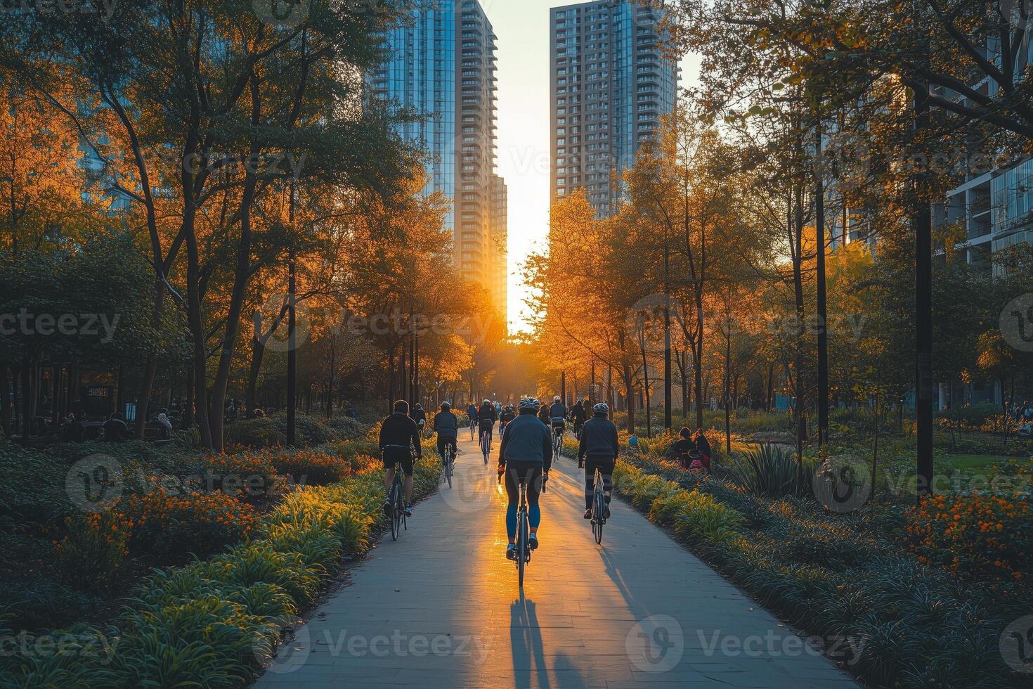 a vibrant urban park with a dedicated bike lane winding through green spaces, people cycling and walking, modern city skyline in the background, bright natural light photo
