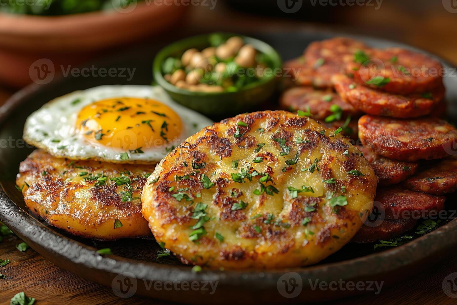 Ecuadorian llapingachos, potato patties, served with chorizo, a fried egg, and peanut sauce photo
