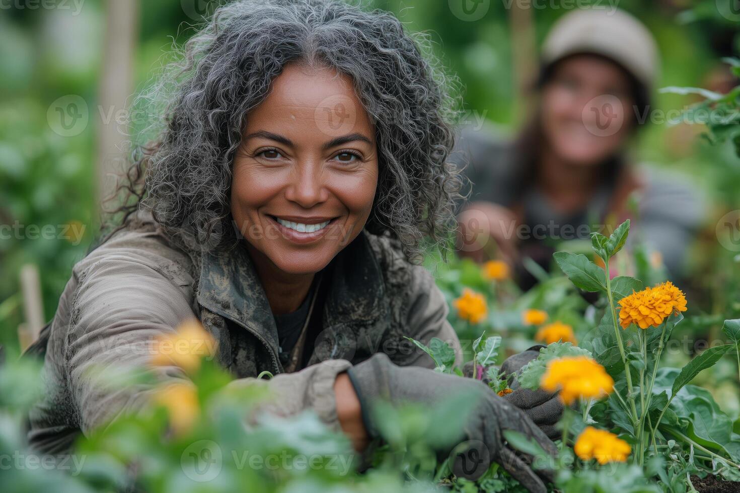a group of adults volunteering in a community garden, planting flowers and vegetables, with cheerful faces and vibrant greenery surrounding them photo