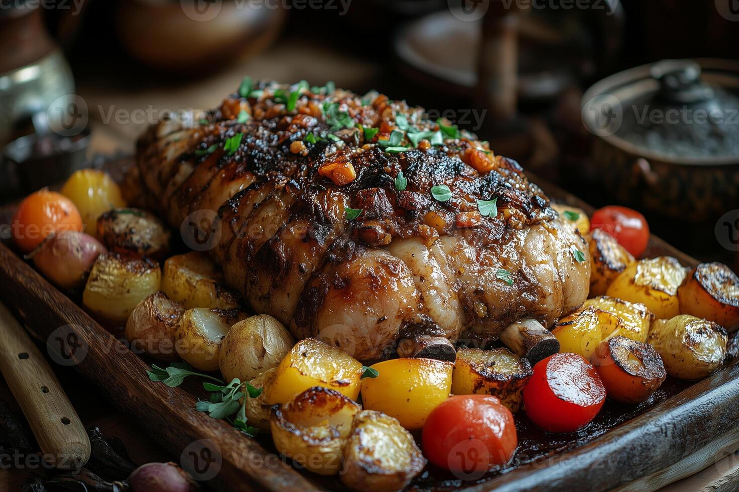 Mongolian boodog, a goat roasted in its skin, served with root vegetables on a rustic platter photo