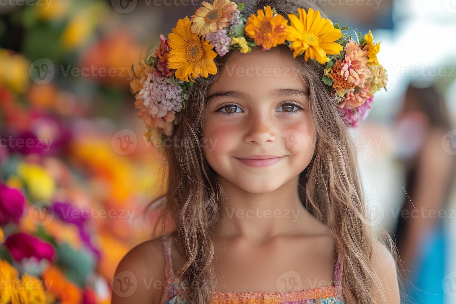 a young girl with a flower crown at Feria de las Flores, smiling while standing near a booth selling vibrant floral crafts photo