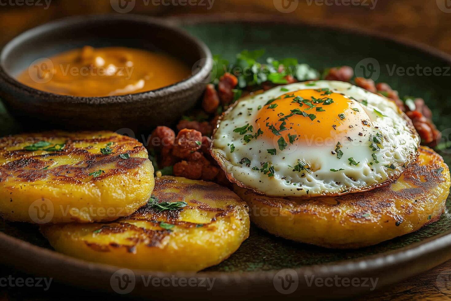 Ecuadorian llapingachos, potato patties, served with chorizo, a fried egg, and peanut sauce, arranged on a rustic ceramic plate photo