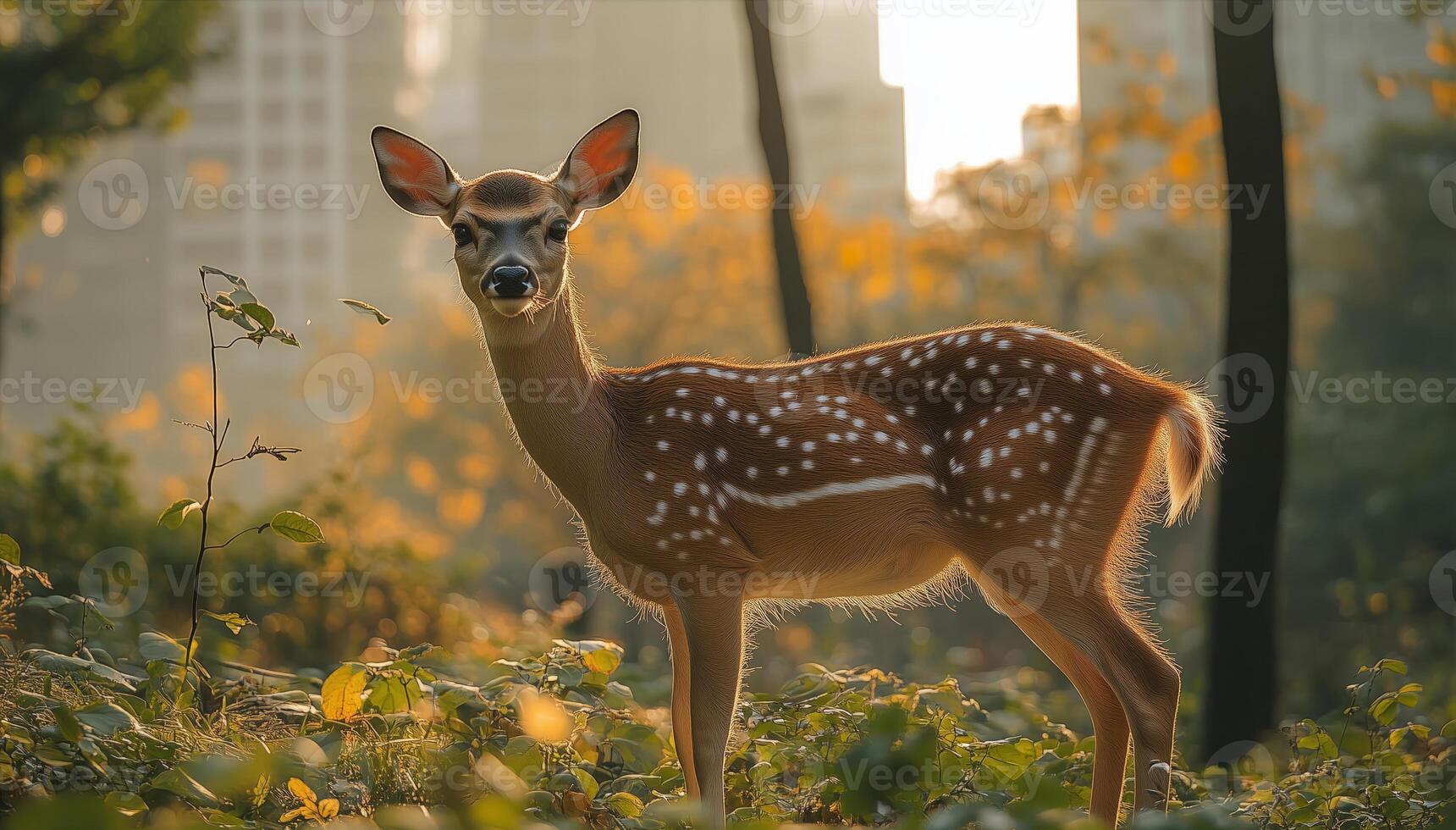 an environmental problem, a deer standing in a quiet urban park, surrounded by skyscrapers and greenery photo