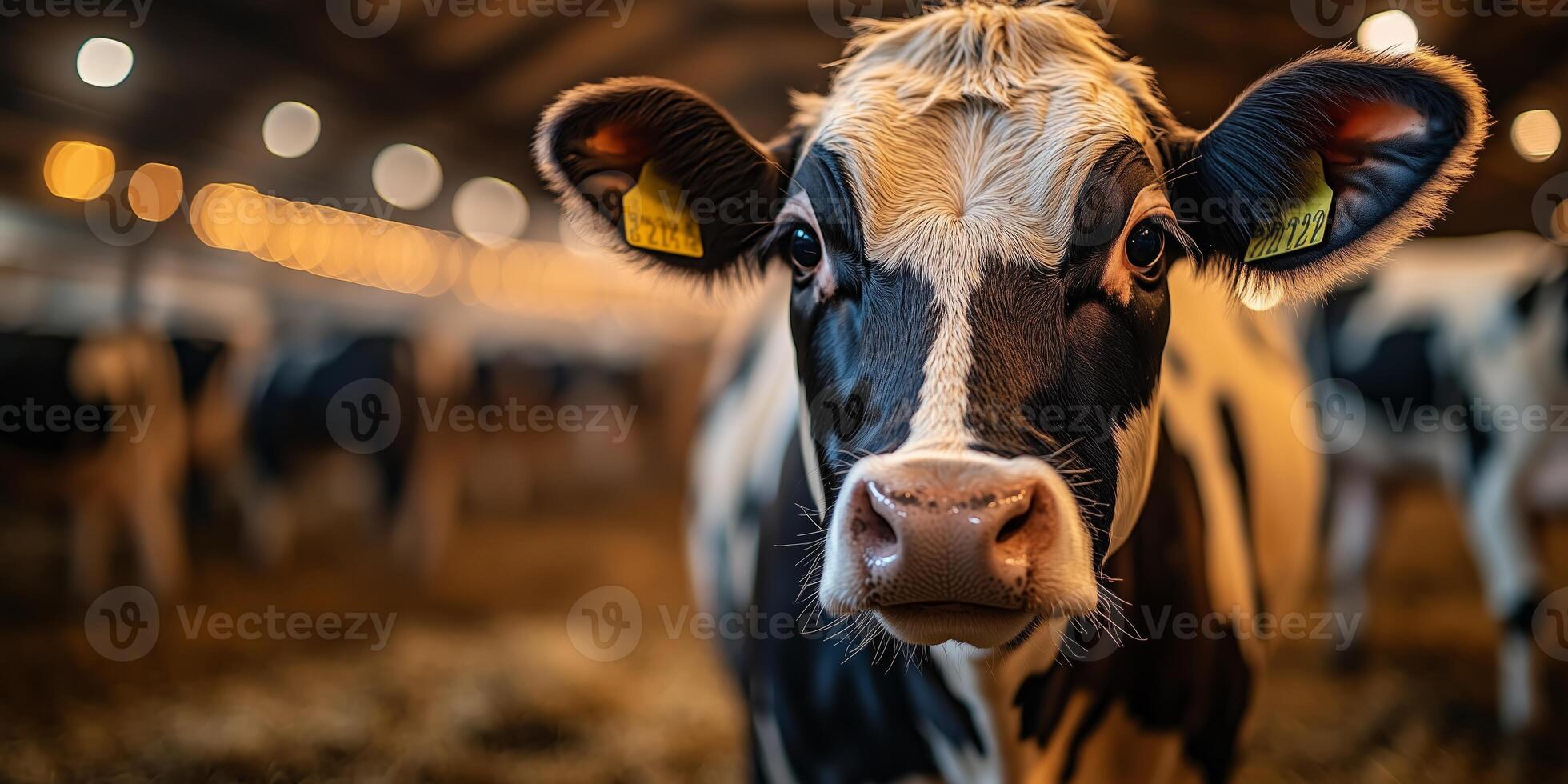 cows wearing health monitoring collars, standing in a modern robotic barn, ventilation fans and smart equipment visible, right side empty for text, warm and even lighting photo
