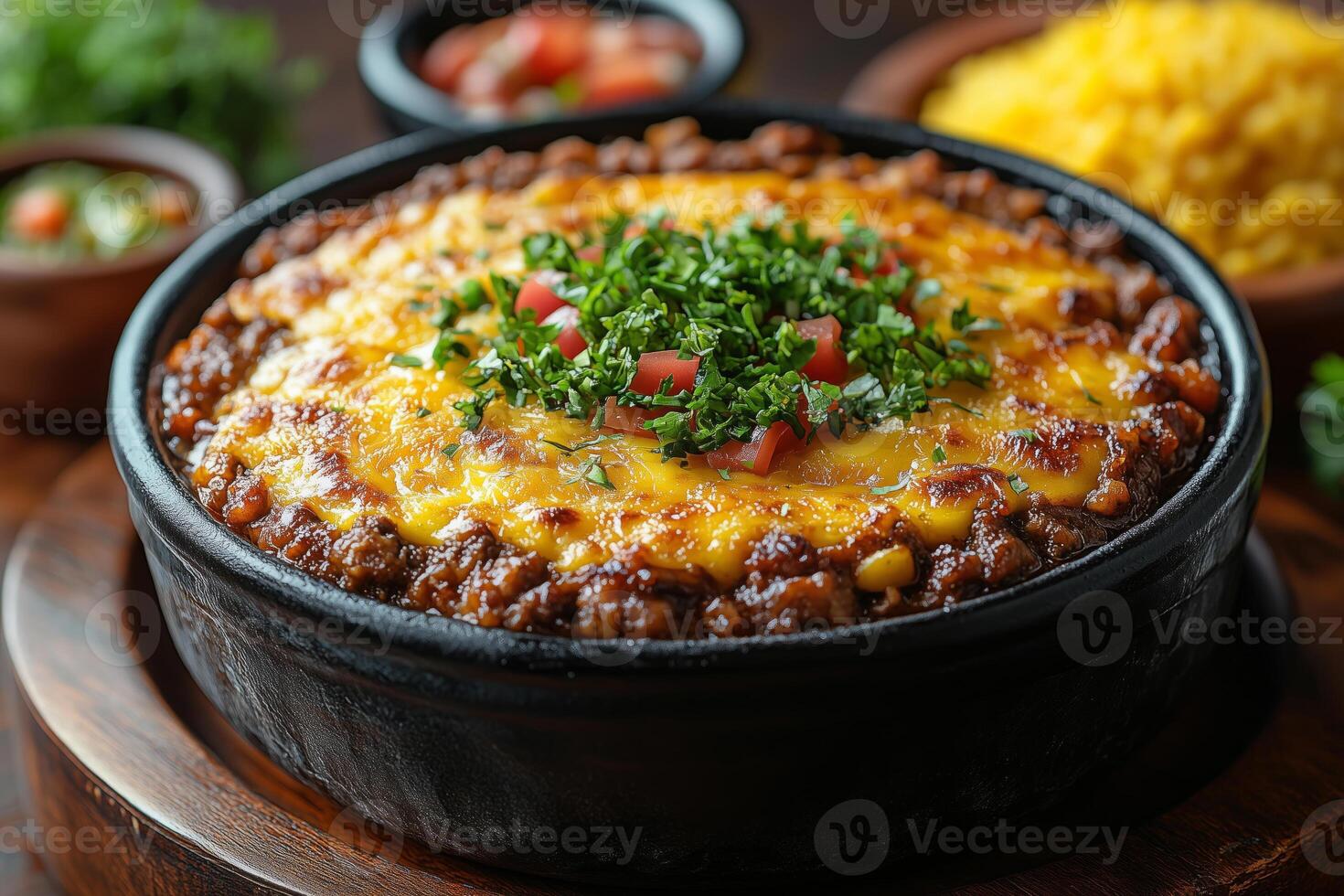 South African bobotie, a baked minced meat dish topped with golden egg custard, served with yellow rice, chutney, and sambals, presented on a rustic wooden table photo