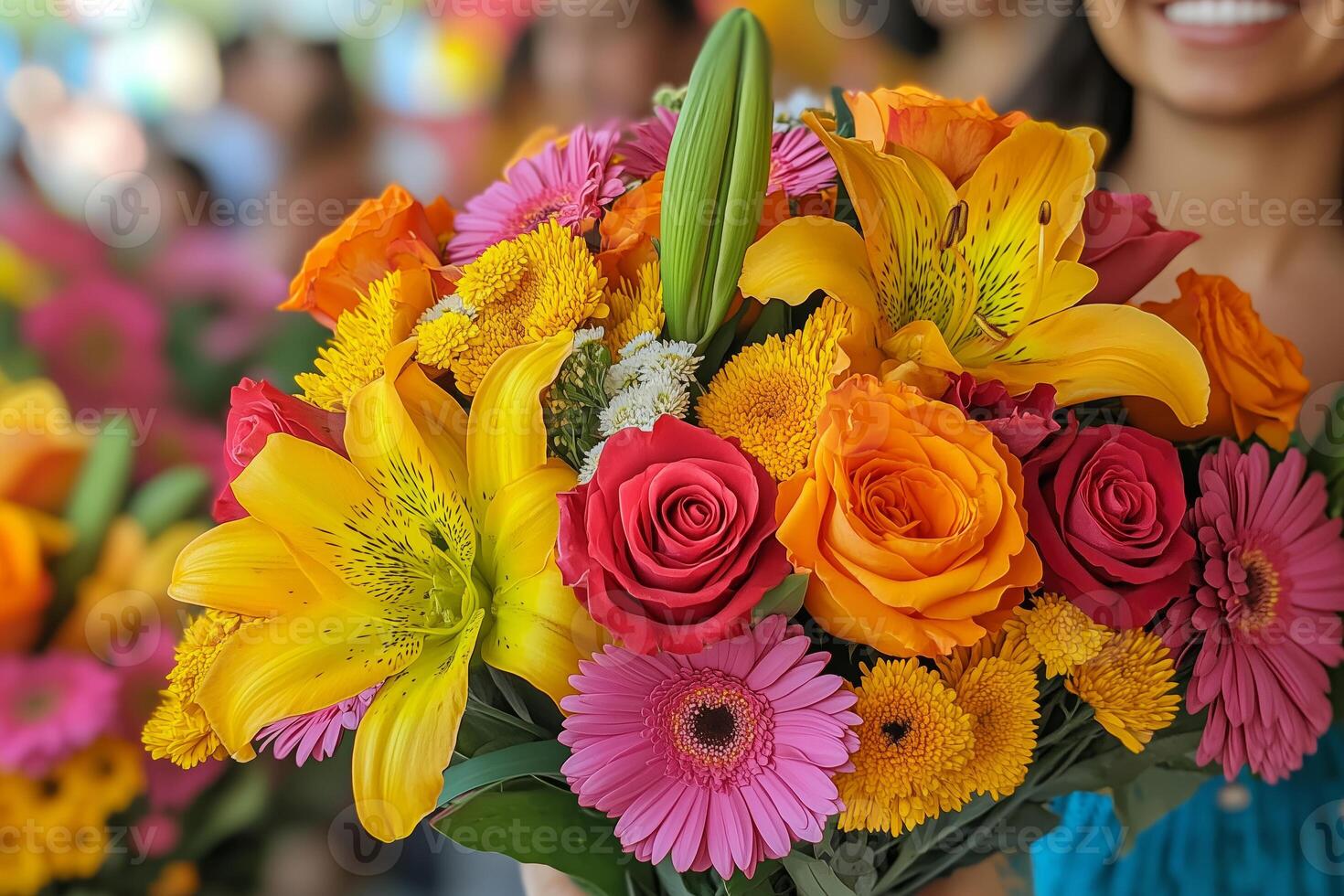 intricate floral designs displayed during Feria de las Flores, vivid colors of roses, lilies, and daisies, with blurred festivalgoers in the background, natural light enhancing the details photo