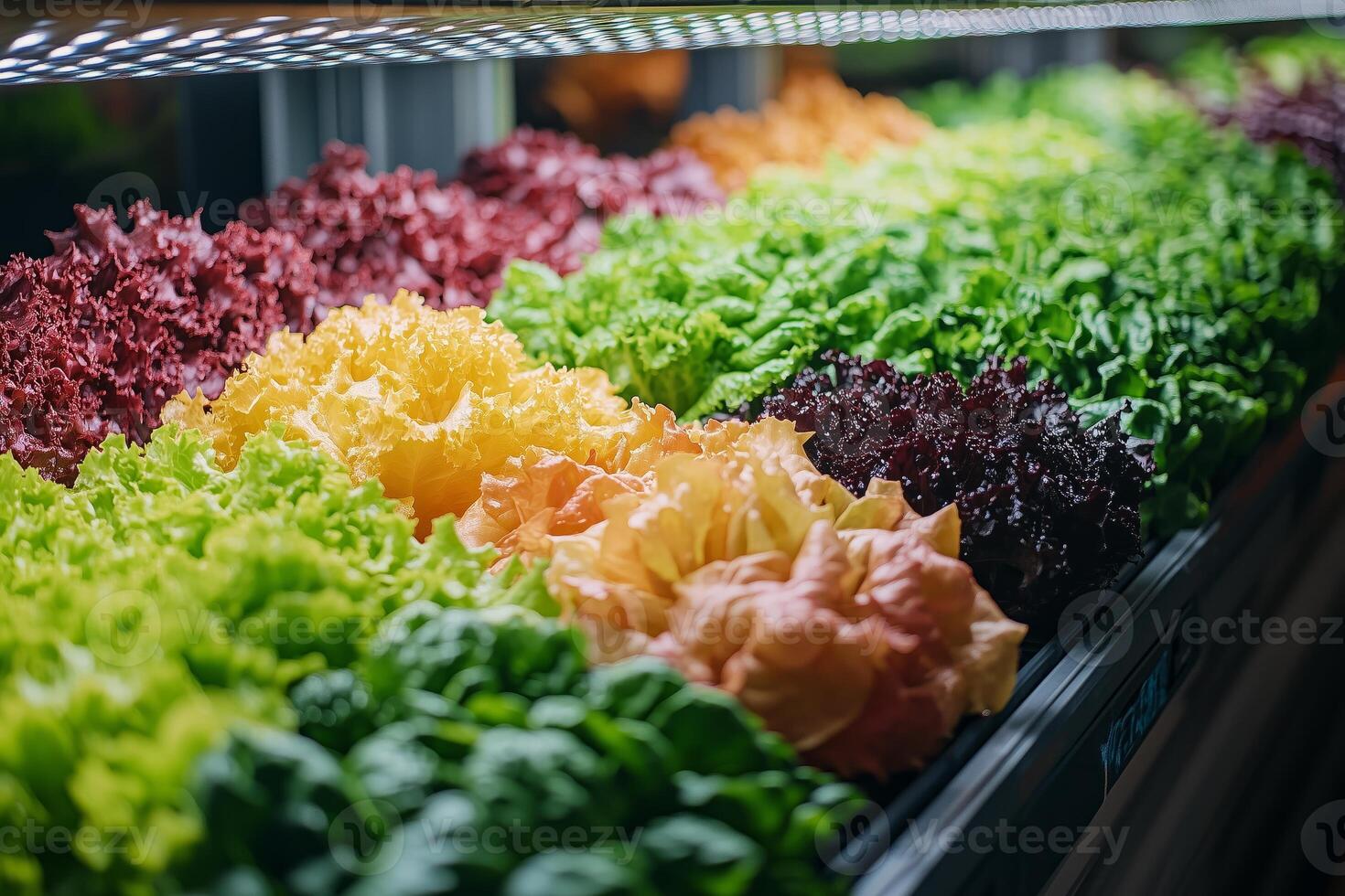 a futuristic vertical hydroponic farm with multicolored lettuces photo