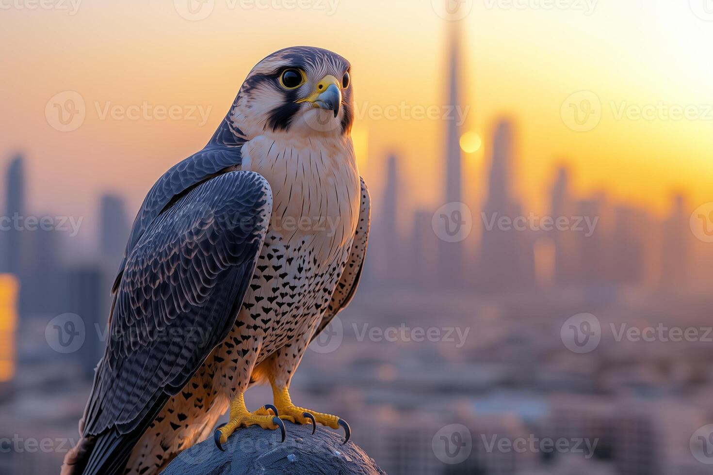 an environmental problem, wild birds in the city, a falcon perched on the edge of a skyscraper photo