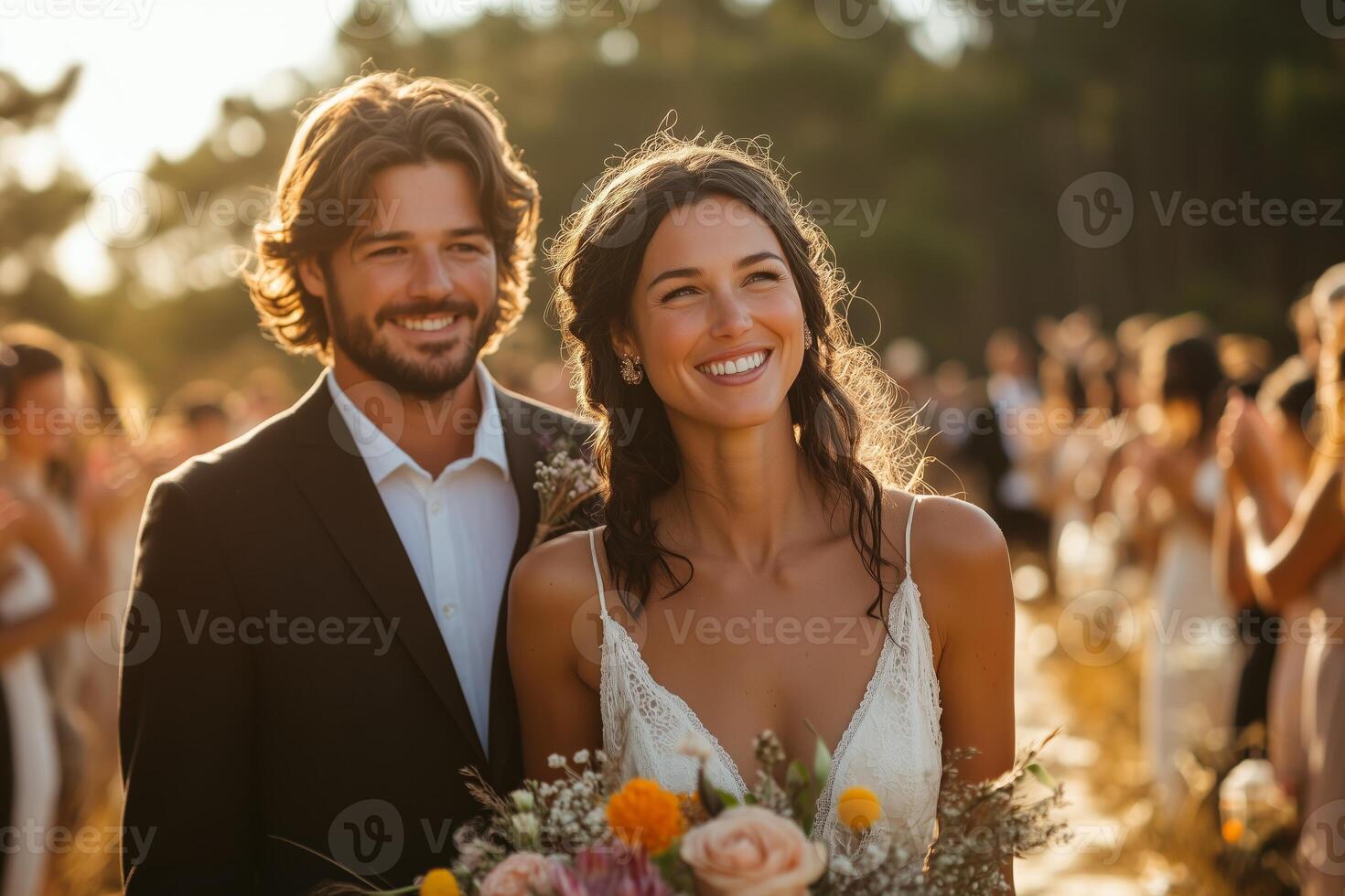 a bride and groom walking down a boho inspired aisle, lined with dried grass and lanterns, family and friends clapping, sunny outdoor atmosphere photo