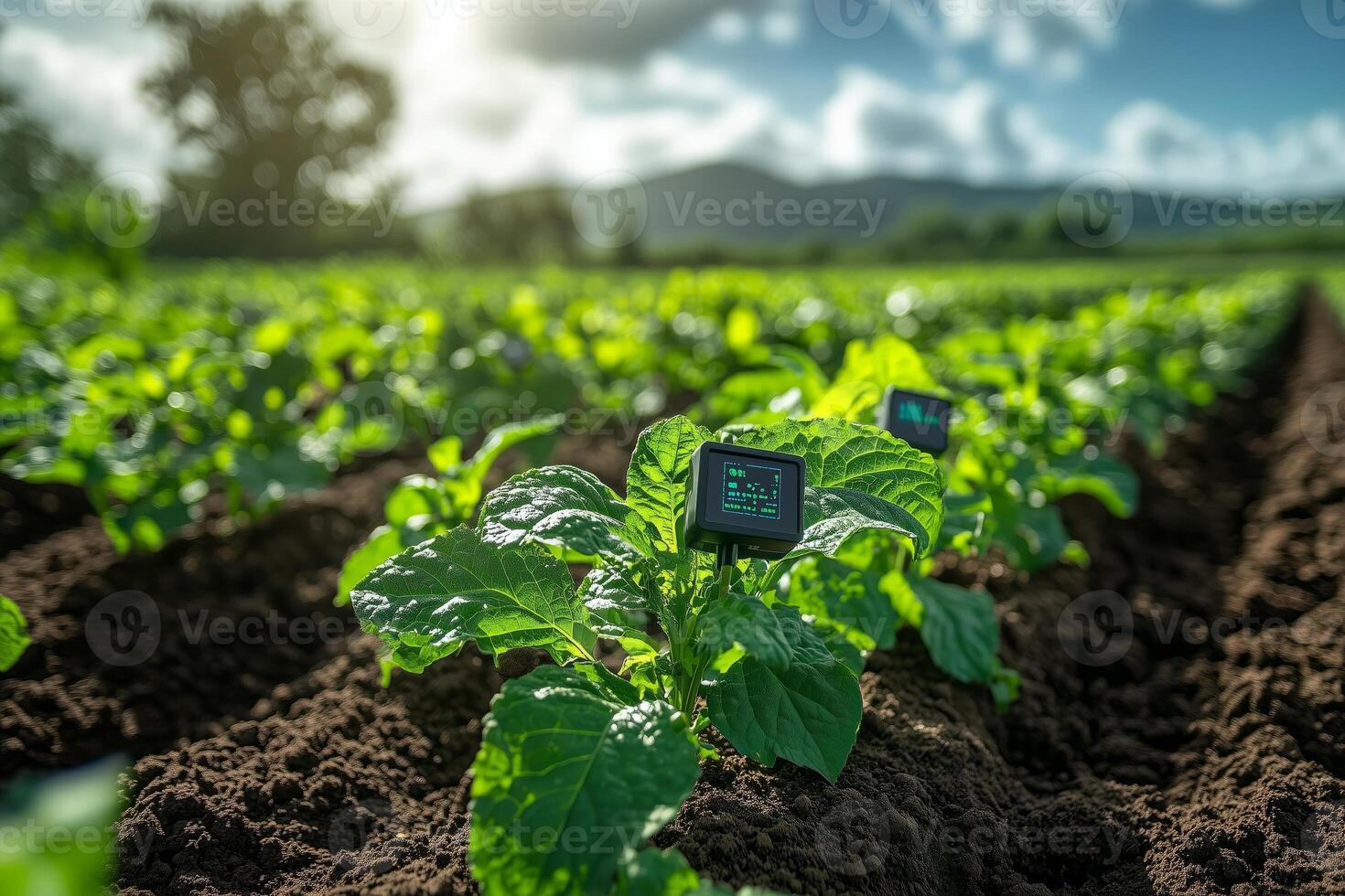 a modern farm with IoT devices attached to crops, monitoring soil moisture and temperature photo
