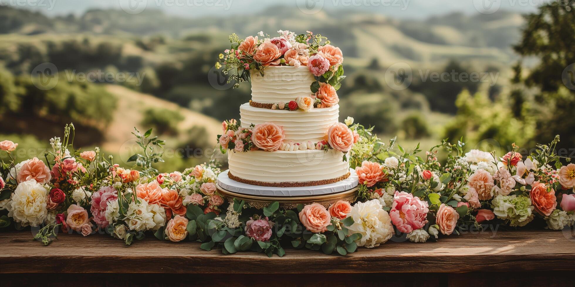 a wedding cake displayed on a rustic wooden table, surrounded by fresh flowers and greenery photo
