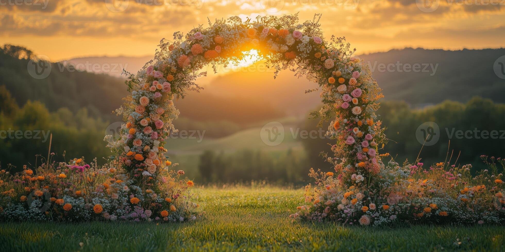 a floral arch in a picturesque meadow, surrounded by wildflowers, with a scenic mountain range in the background photo