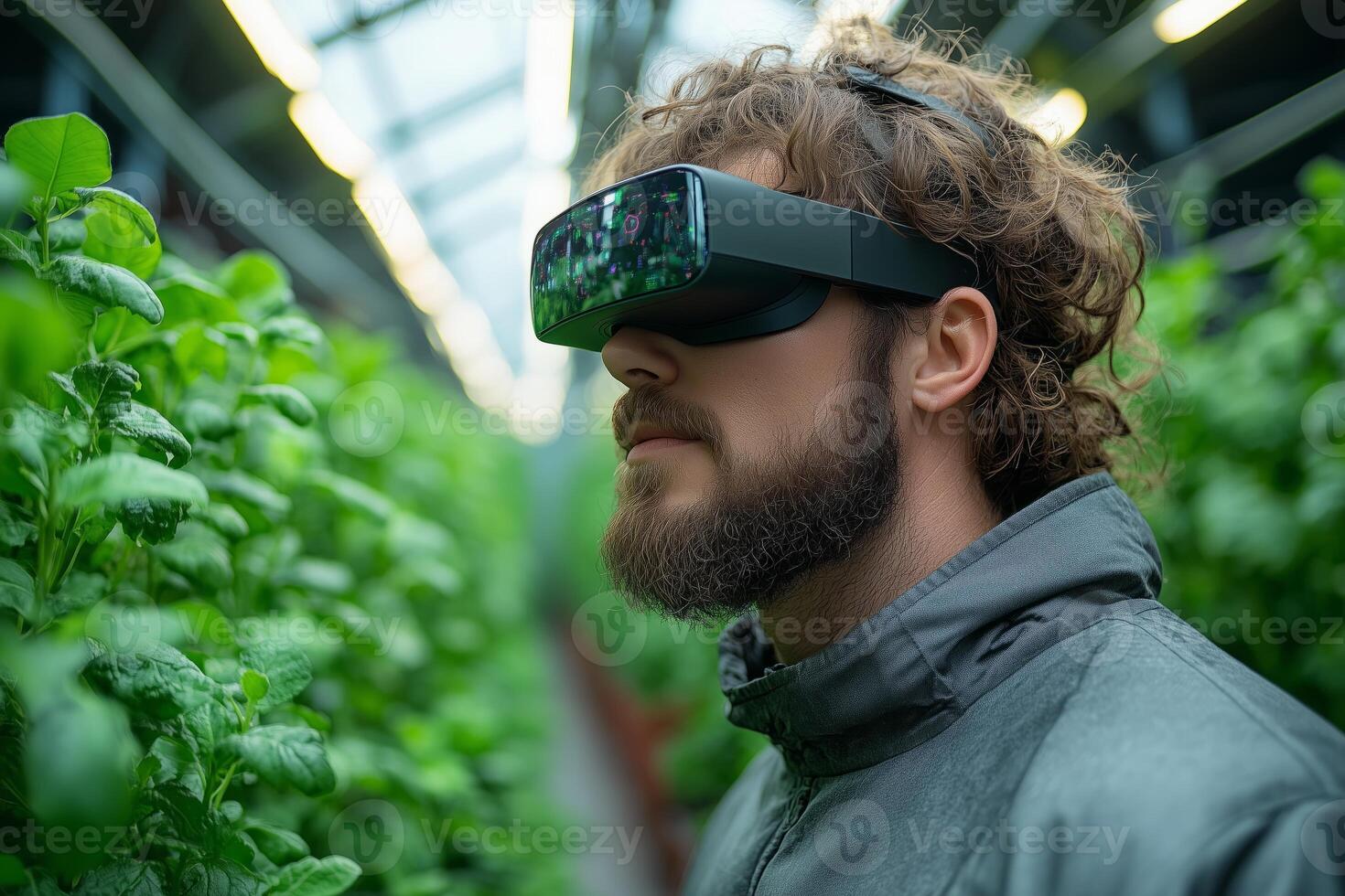 a farmer wearing augmented reality glasses, analyzing crop data photo
