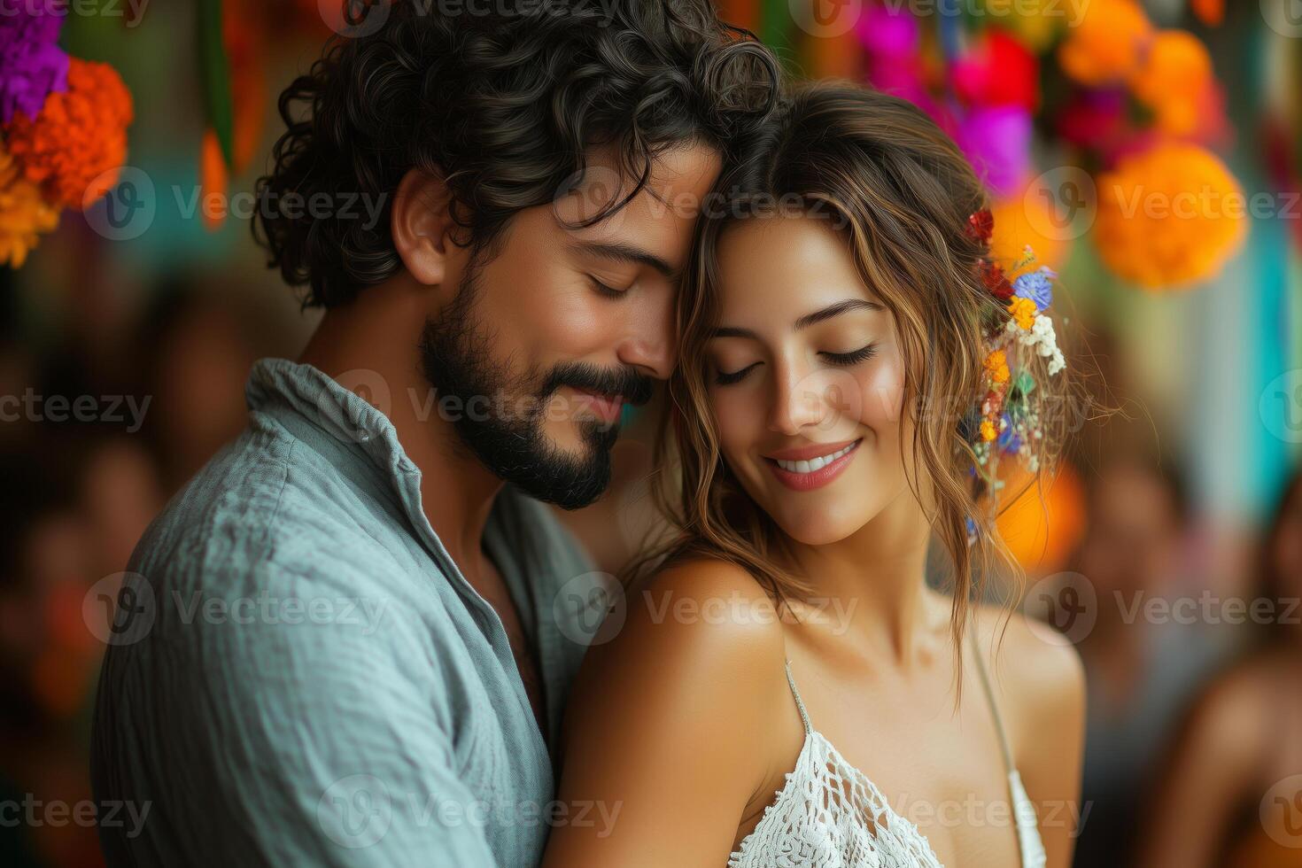 a couple dancing salsa at Feria de las Flores, surrounded by festive decorations photo