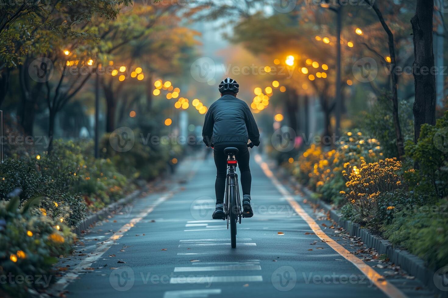 a cyclist riding along a bike lane with solar powered lighting and greenery on both sides photo