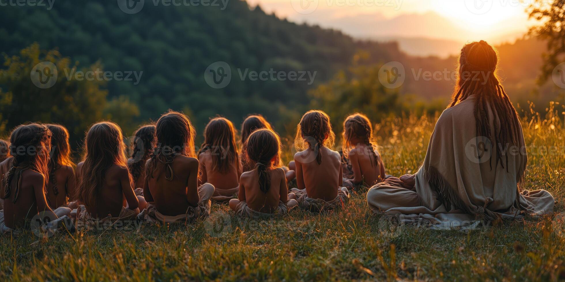 a storyteller performing a Celtic myth during Lughnasadh, children and adults gathered in a grassy meadow photo