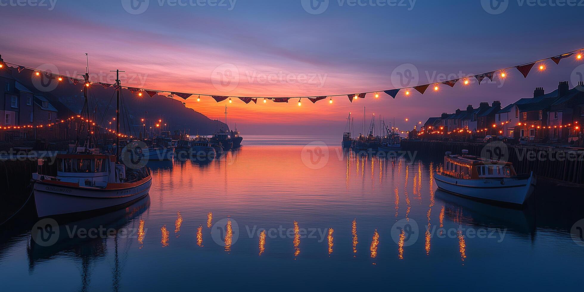 a Cornish harbor at sunrise, decorated for Golowan with flags and lights photo