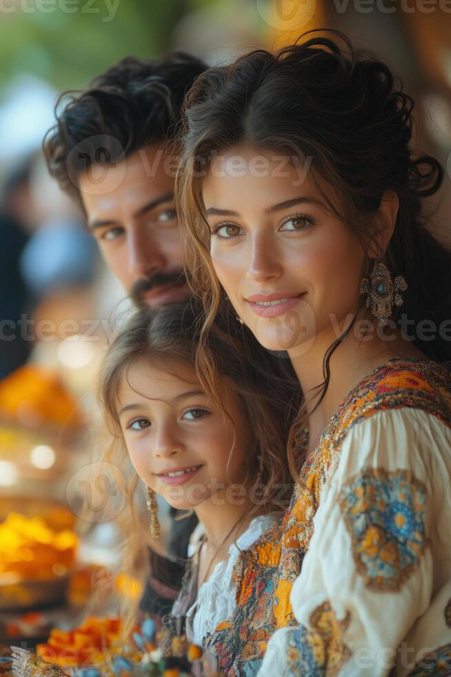 a multicultural couple teaching their children about traditions, with artifacts and costumes from their respective cultures displayed on a table, soft warm light photo