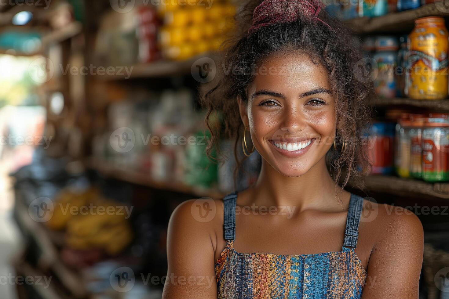 a female shop owner standing proudly in front of her small rural store, shelves stocked with colorful local products photo