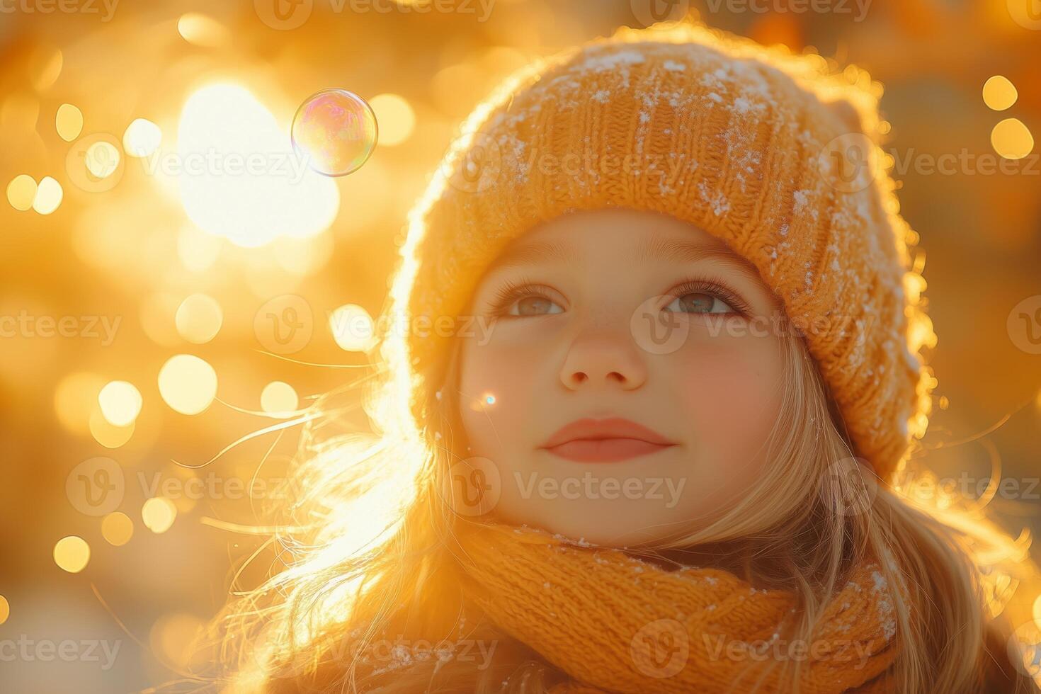 a child joyfully blowing soap bubbles in the backyard, golden sunlight illuminating the bubbles, soft focus on the background photo