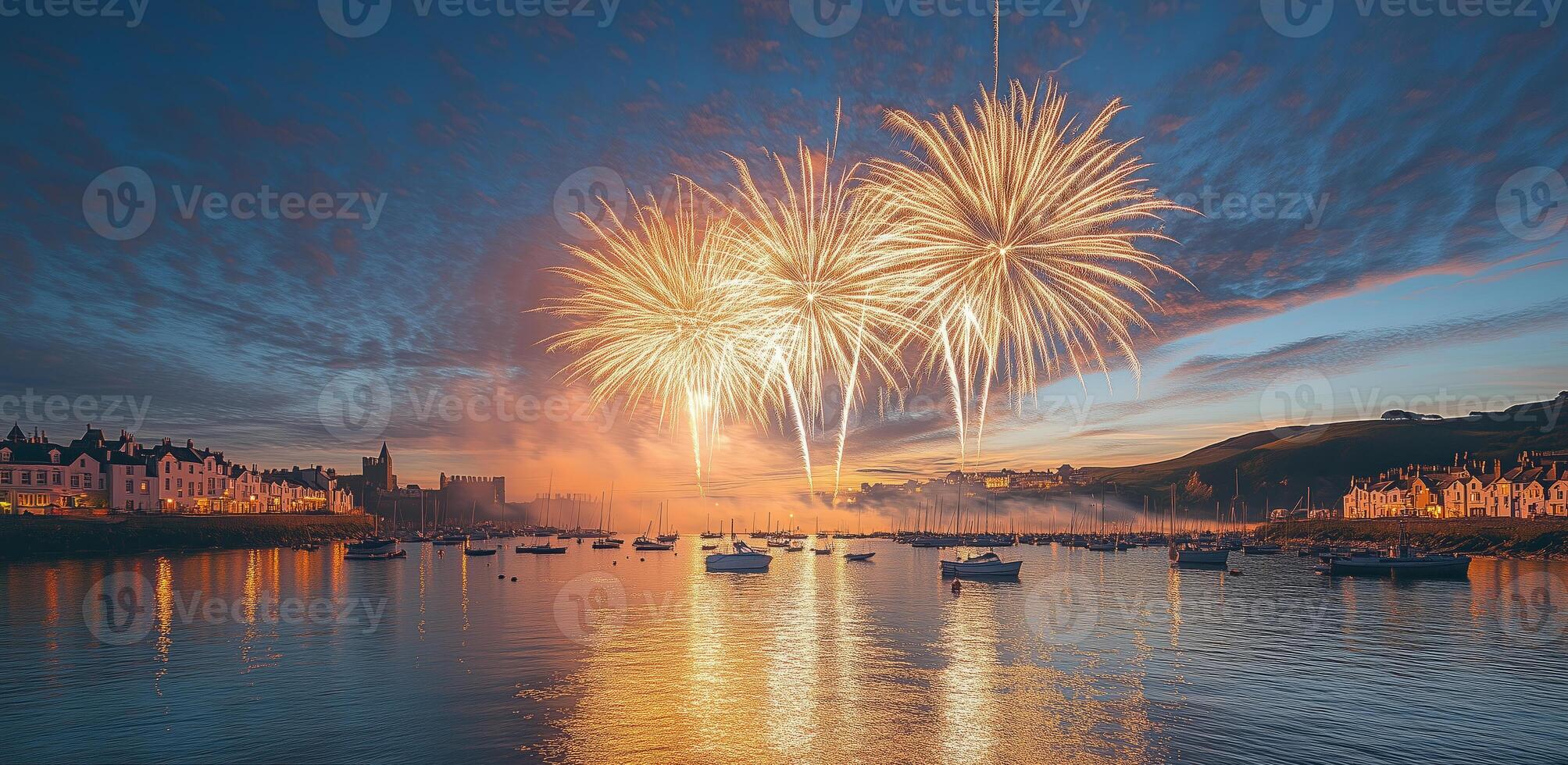 a lively Golowan firework display over a coastal town, reflections shimmering on the water, with an open sky on the right side for copy placement photo