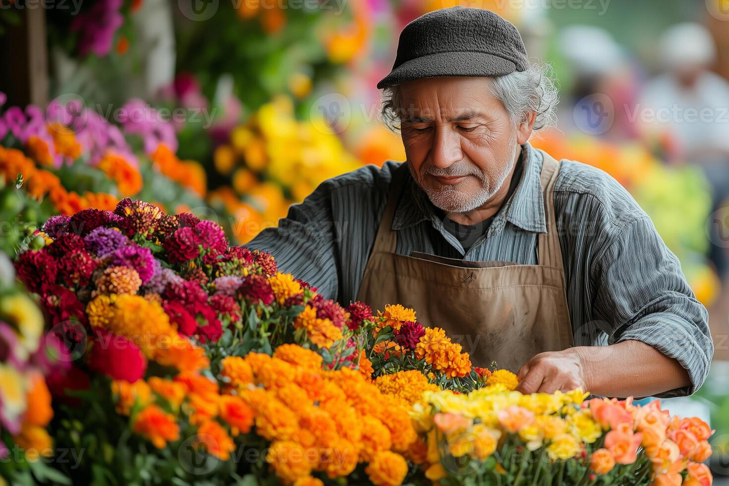 a flower vendor arranging a colorful bouquet at a market stall during Feria de las Flores, with bustling activity and vivid floral displays in the background photo