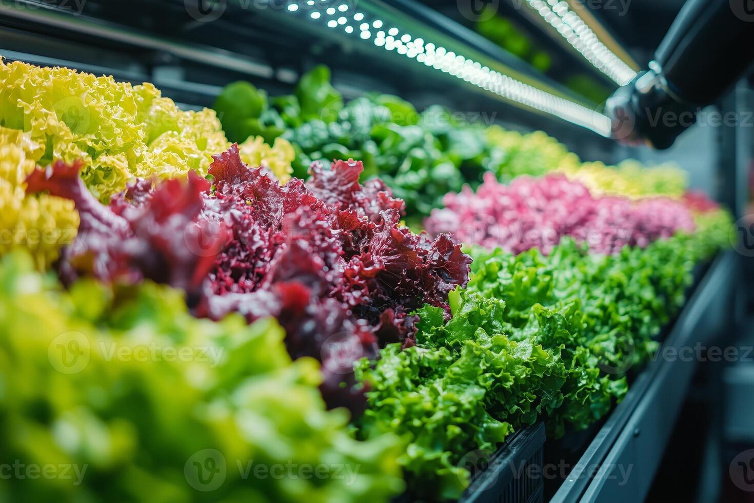 a futuristic vertical hydroponic farm with multicolored lettuces, bright LED grow lights highlighting the vibrant greens photo