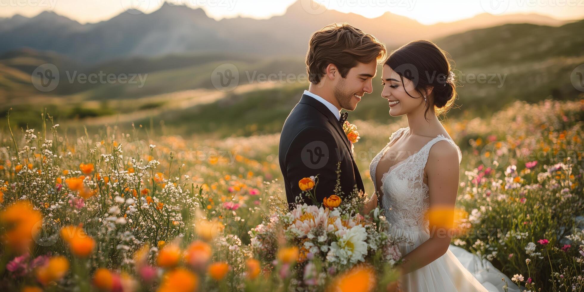 a bride and groom standing in a picturesque meadow, surrounded by wildflowers, with a scenic mountain range in the background photo