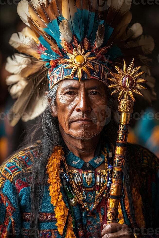 a ceremonial priest during Inti Raymi, holding a sun-shaped golden scepter, standing on an altar with elaborate decorations, surrounded by performers in authentic Inca attire photo