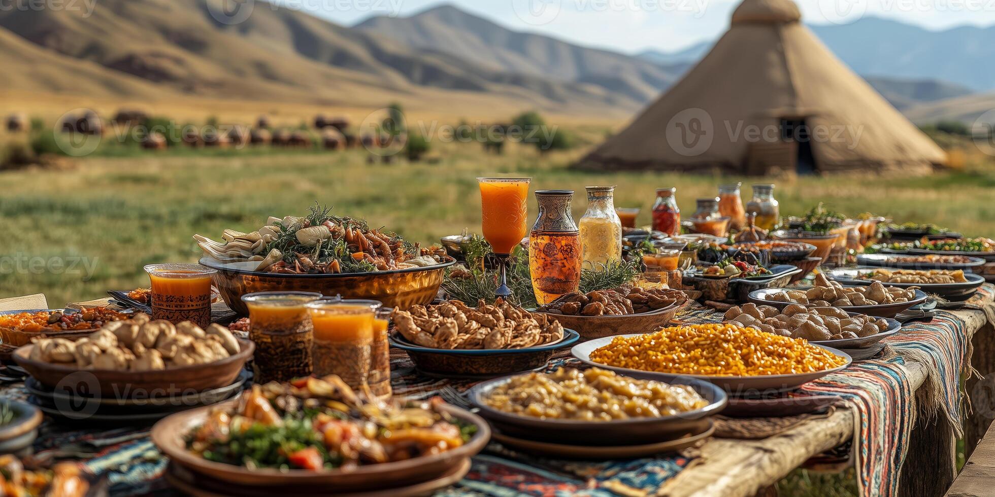 a Naadam feast table set outdoors, showcasing traditional Mongolian dishes and drinks, festive decorations in the background, clear area on the right side for marketing use photo