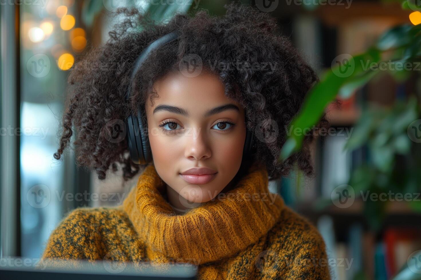 a modern tutor hosting an online class, wearing headphones and speaking into a microphone, stylish home office with books photo